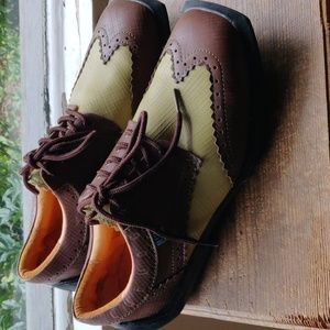 Green and brown Fluevog brogue shoes